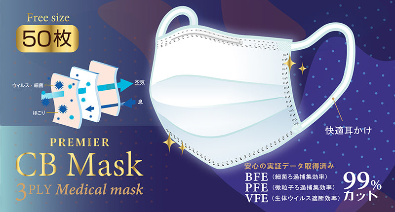 CB Mask PREMIER - 【白色 / 藍色】3層醫用口罩 - 50個裝 (白色)